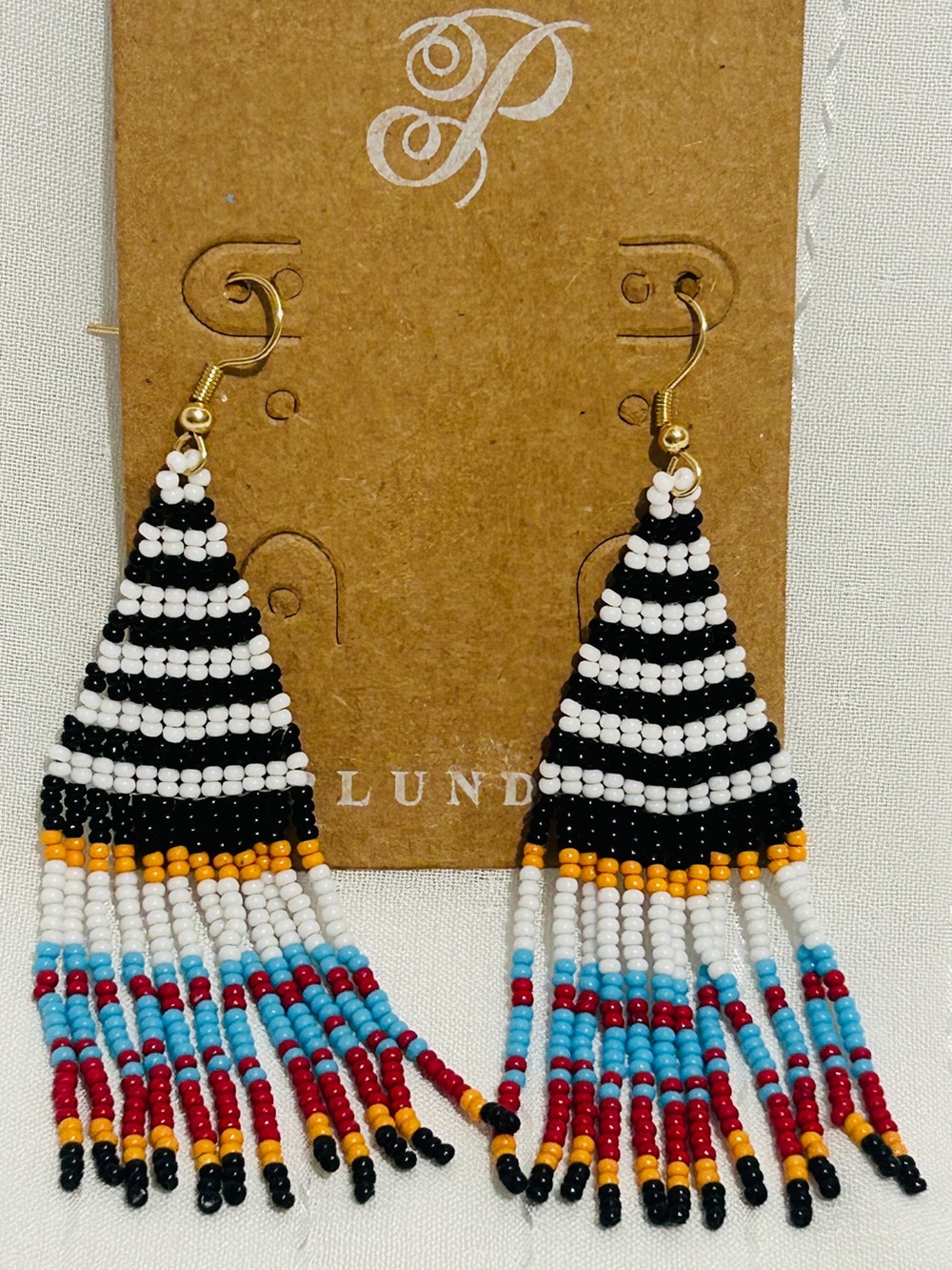 Plunder Black, White, Gold, Blue and Red Beaded Fringe Earrings.